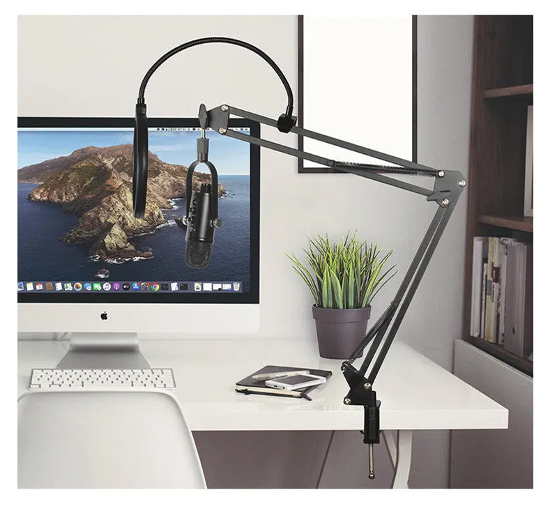 Black USB condenser microphone on a metal base with a sponge cover, for desktop and mobile recording.