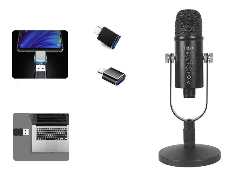 Black USB condenser microphone on a metal base with a sponge cover, for desktop and mobile recording.