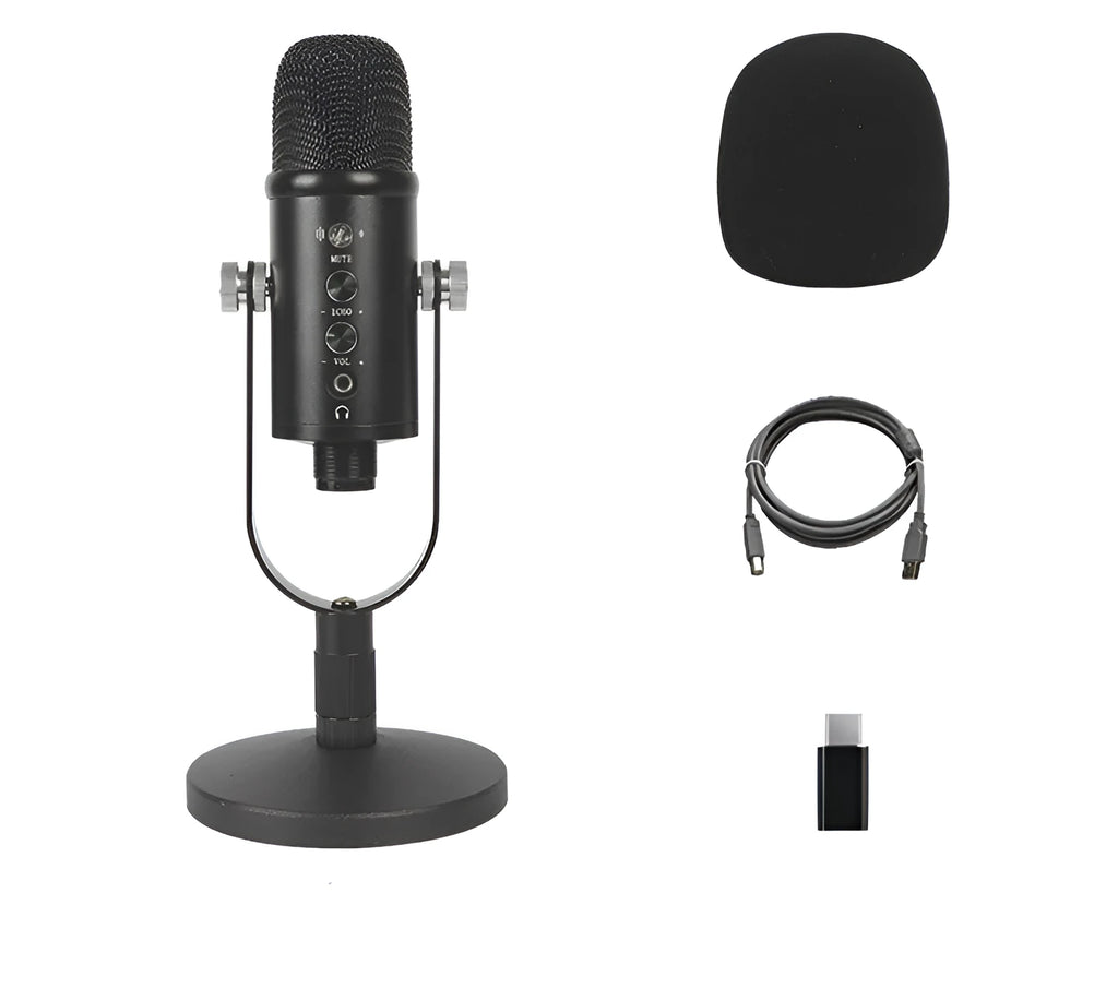 Black USB condenser microphone on a metal base with a sponge cover, for desktop and mobile recording.