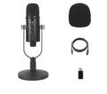 Black USB condenser microphone on a metal base with a sponge cover, for desktop and mobile recording.