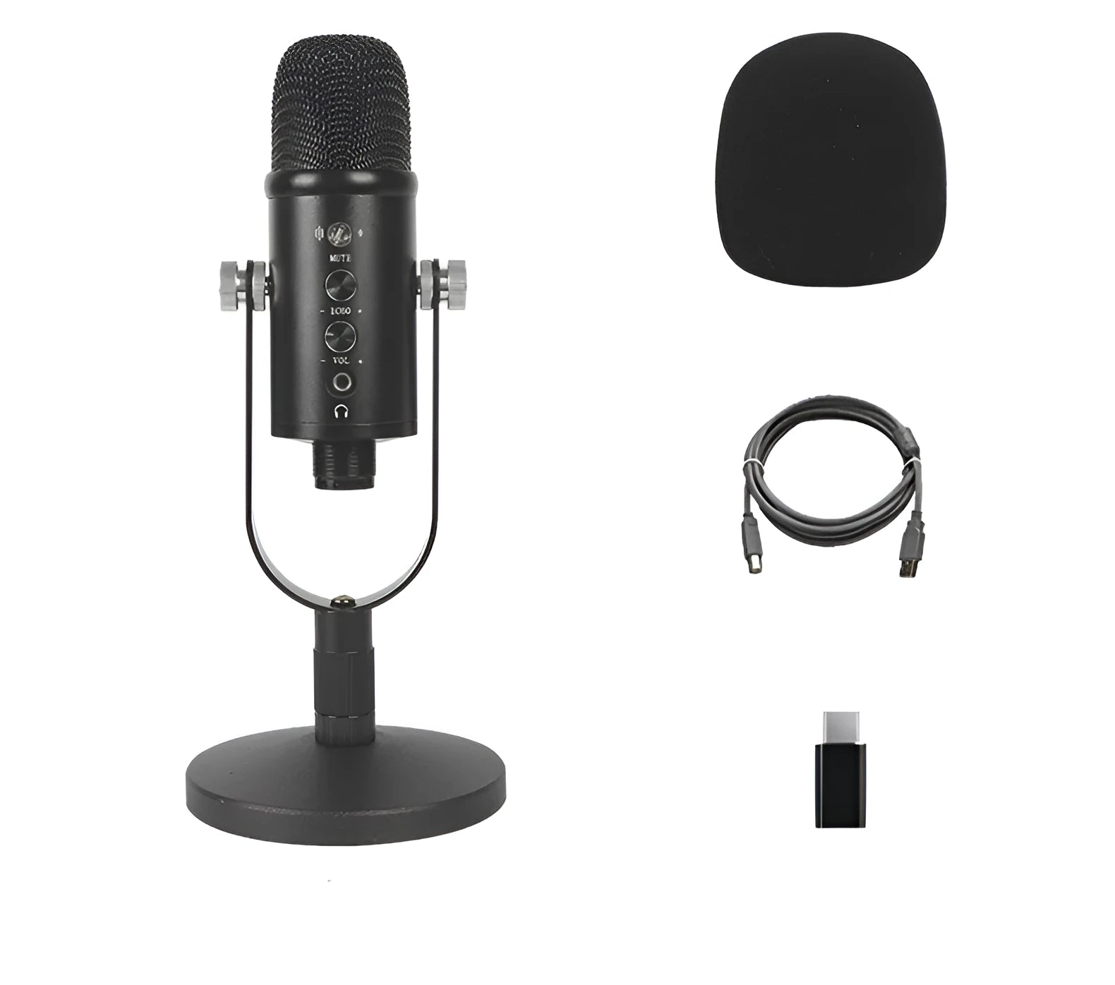 Black USB condenser microphone on a metal base with a sponge cover, for desktop and mobile recording.