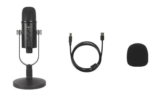 Black USB condenser microphone on a metal base with a sponge cover, for desktop and mobile recording.