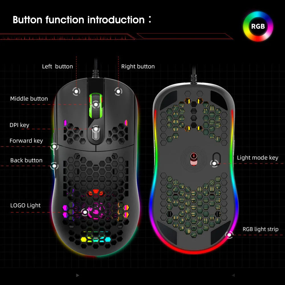 Black wired gaming mouse with heat dissipation holes and RGB glow on a desk