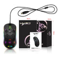 Black wired gaming mouse with heat dissipation holes and RGB glow on a desk