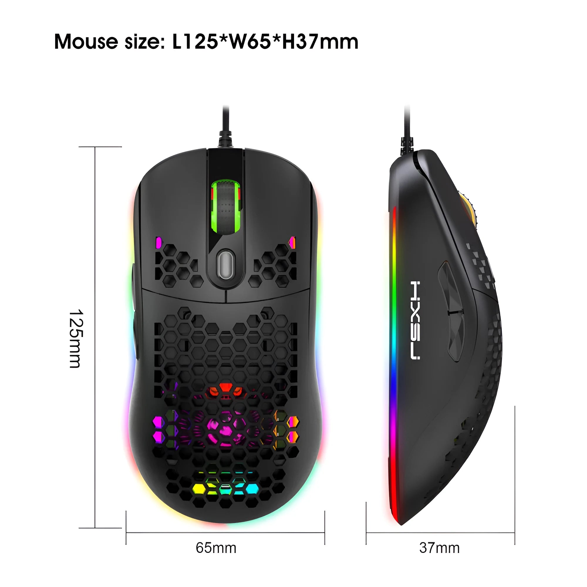 Black wired gaming mouse with heat dissipation holes and RGB glow on a desk
