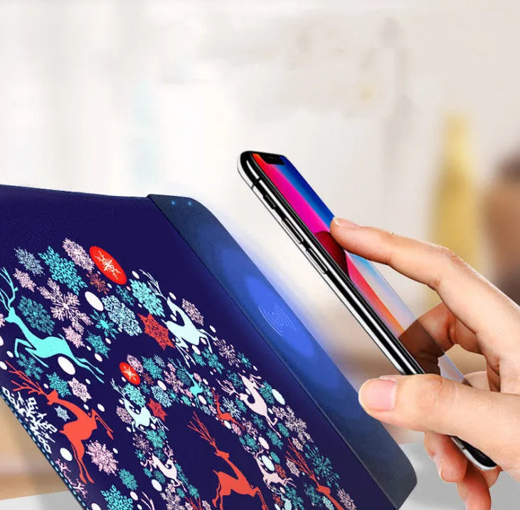 Cartoon dot print wireless charging mouse pad with RGB lighting on a desk