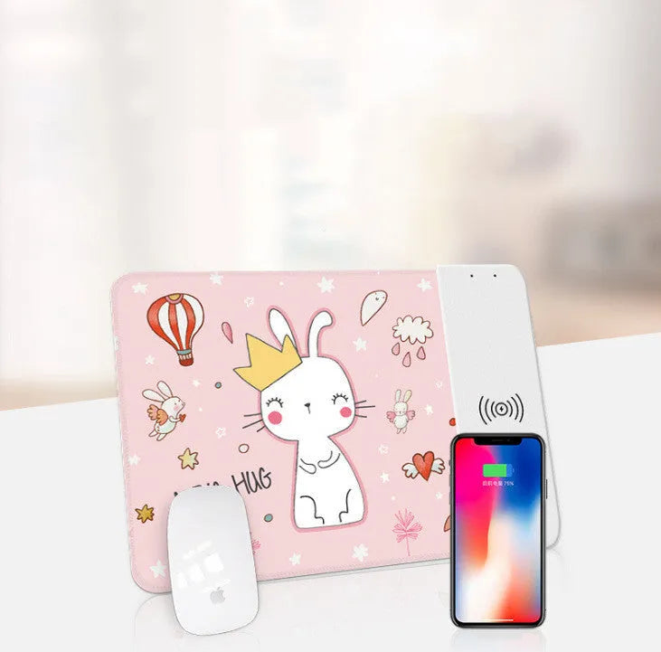 Cartoon dot print wireless charging mouse pad with RGB lighting on a desk