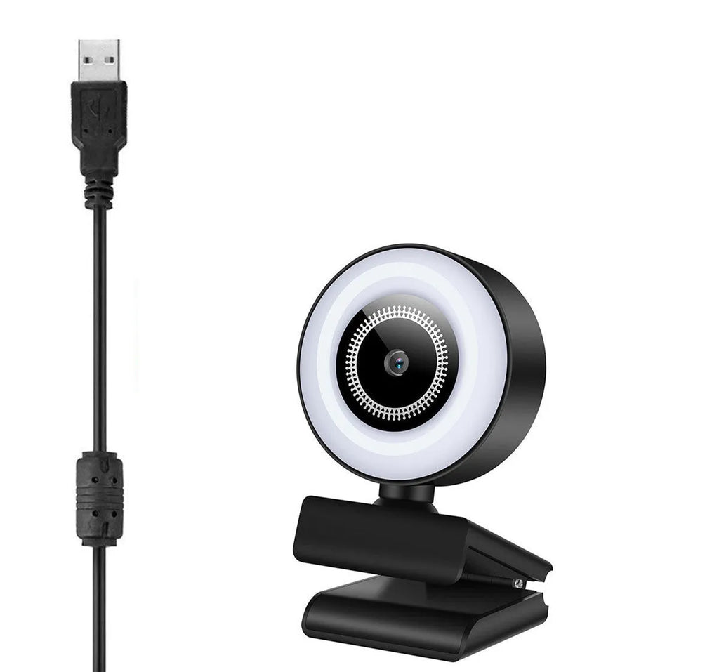 USB computer webcam with a ring of LED lights around the lens, on a 1.5 metre cable.