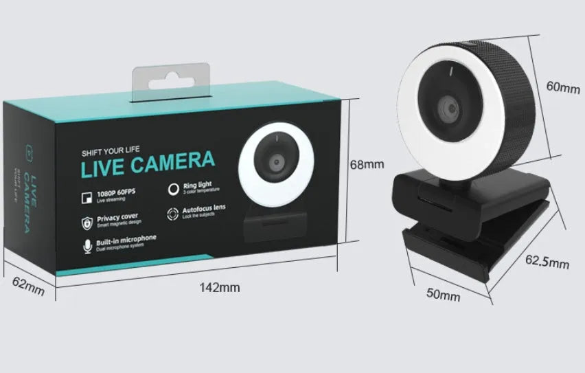 Black USB webcam with magnetic privacy cover, 1.7m cable, 1080p resolution and built-in microphone