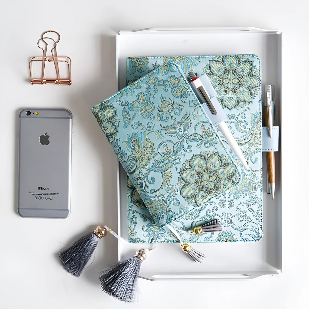 Fabric notebook with Flying Blue Flowers design showing A5 and A6 size options