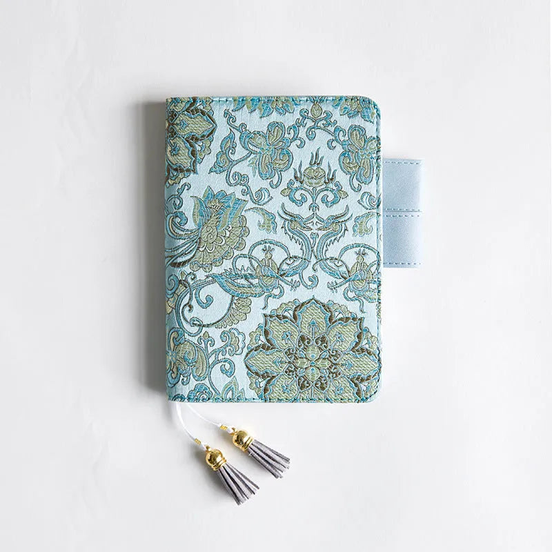 Fabric notebook with Flying Blue Flowers design showing A5 and A6 size options