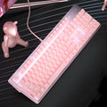 Pink mechanical keyboard and wired gaming mouse set on a desk