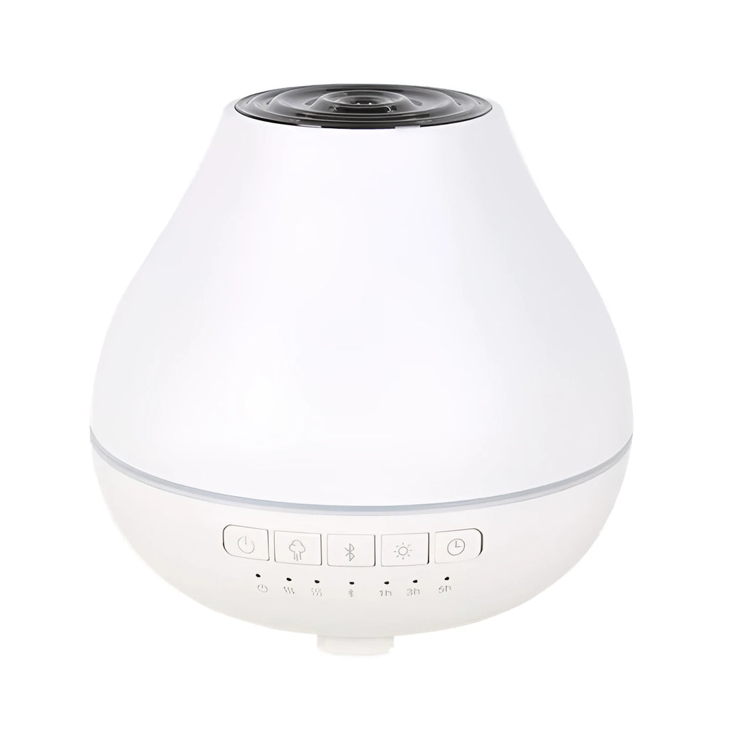 White round Bluetooth aroma diffuser with night light on a wooden table, showing mist output and water level.