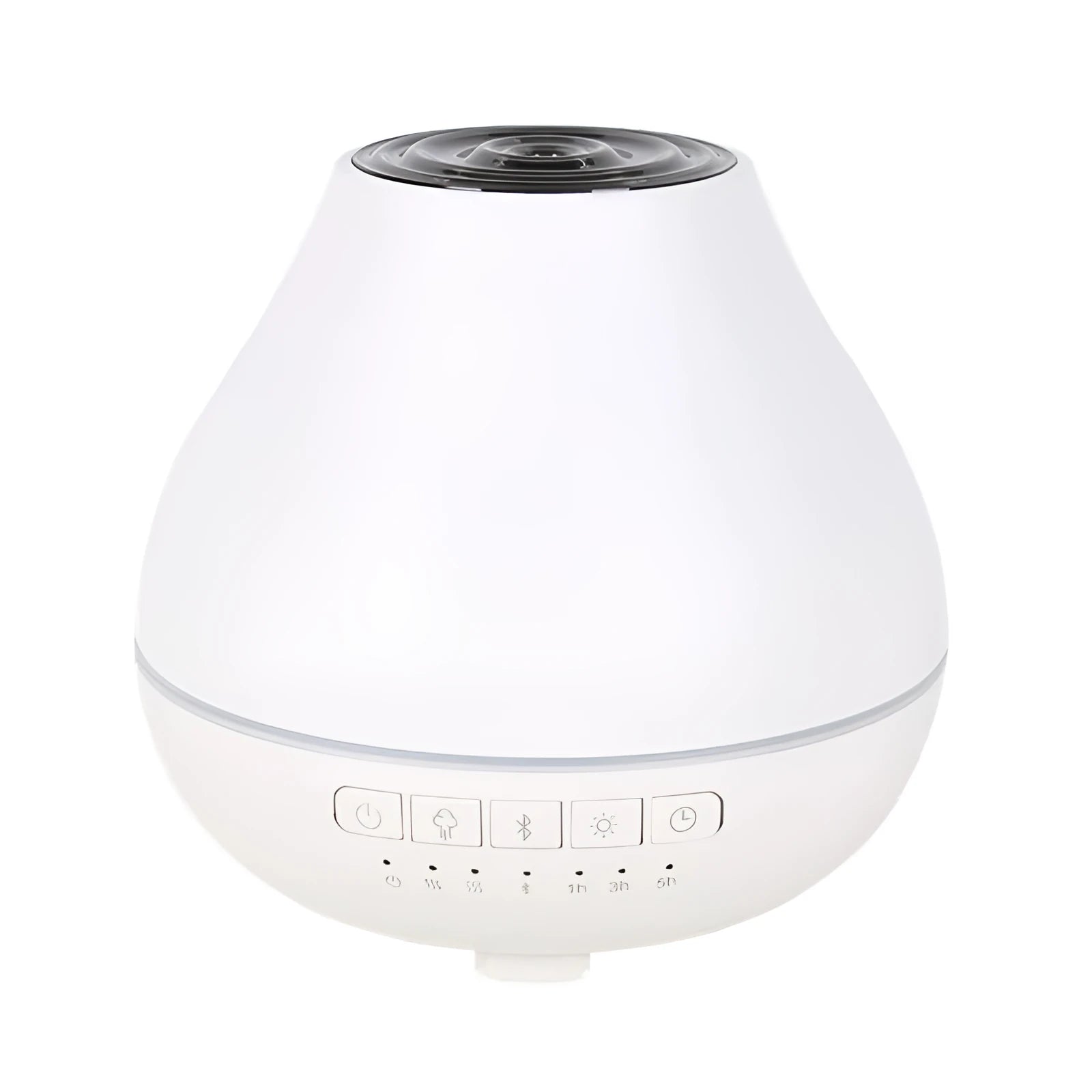 White round Bluetooth aroma diffuser with night light on a wooden table, showing mist output and water level.