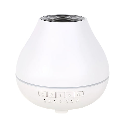 White round Bluetooth aroma diffuser with night light on a wooden table, showing mist output and water level.