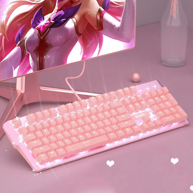 Pink mechanical keyboard and wired gaming mouse set on a desk