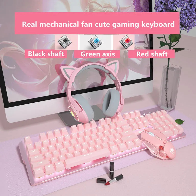 Pink mechanical keyboard and wired gaming mouse set on a desk