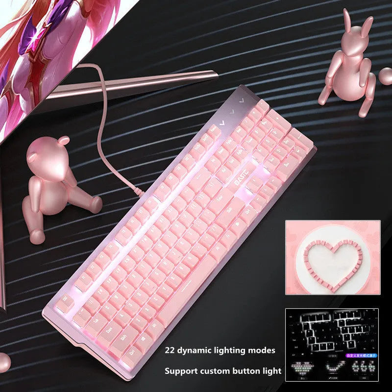 Pink mechanical keyboard and wired gaming mouse set on a desk