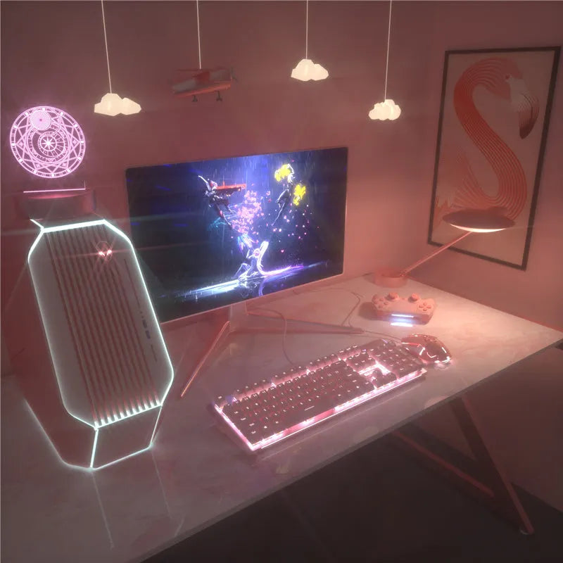 Pink mechanical keyboard and wired gaming mouse set on a desk