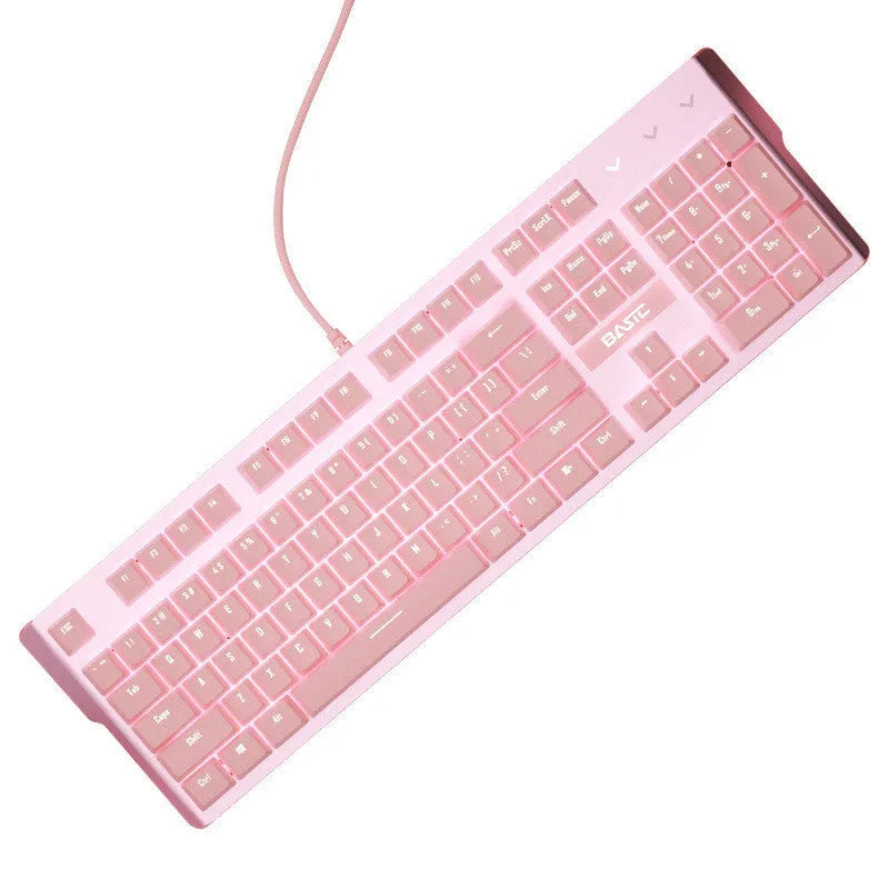 Pink mechanical keyboard and wired gaming mouse set on a desk