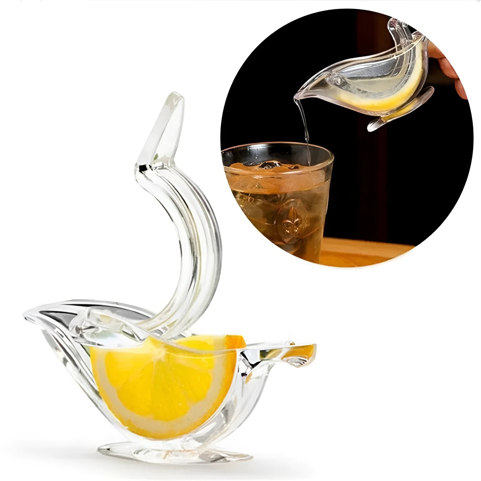 Transparent acrylic bird-shaped manual juicer for lemon slices on a kitchen counter.