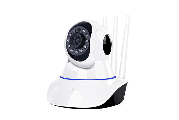 Wireless 1080P security camera with 360-degree rotating head, three antennas, and night vision for indoor home monitoring