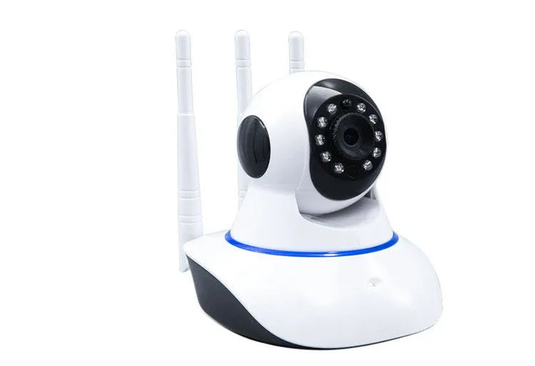 Wireless 1080P security camera with 360-degree rotating head, three antennas, and night vision for indoor home monitoring
