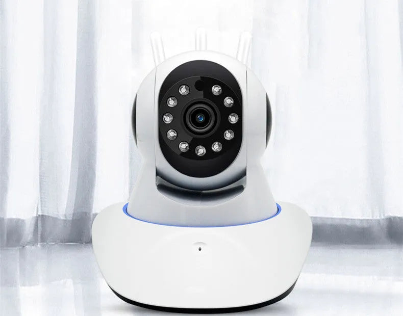 Wireless 1080P security camera with 360-degree rotating head, three antennas, and night vision for indoor home monitoring