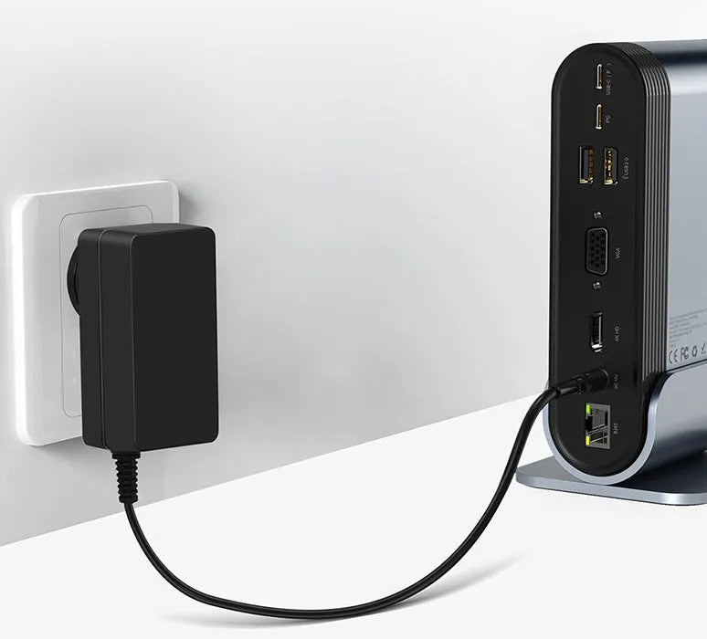 Deep space grey 16-in-1 Type-C docking station hub on a desk, showing multiple ports.