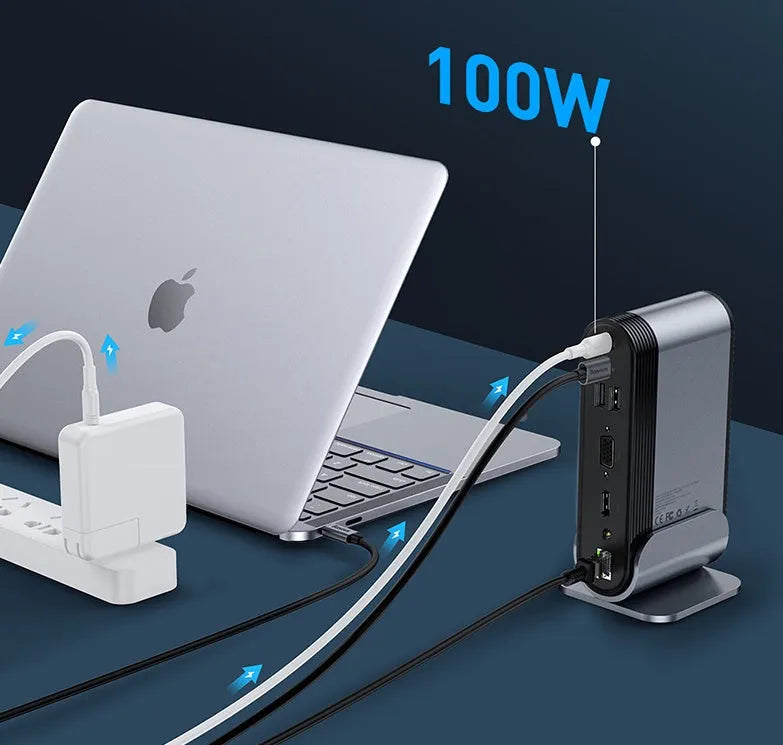 Deep space grey 16-in-1 Type-C docking station hub on a desk, showing multiple ports.