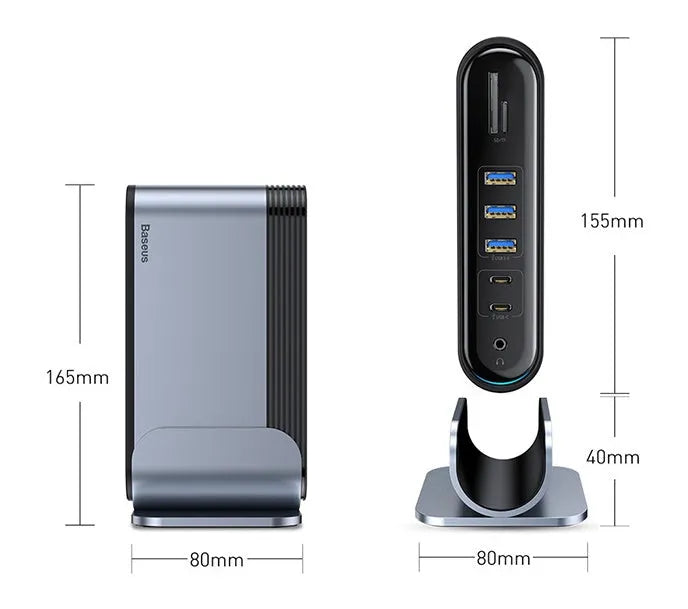 Deep space grey 16-in-1 Type-C docking station hub on a desk, showing multiple ports.