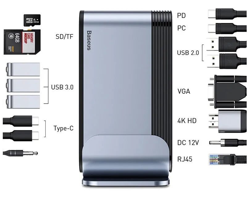 Deep space grey 16-in-1 Type-C docking station hub on a desk, showing multiple ports.