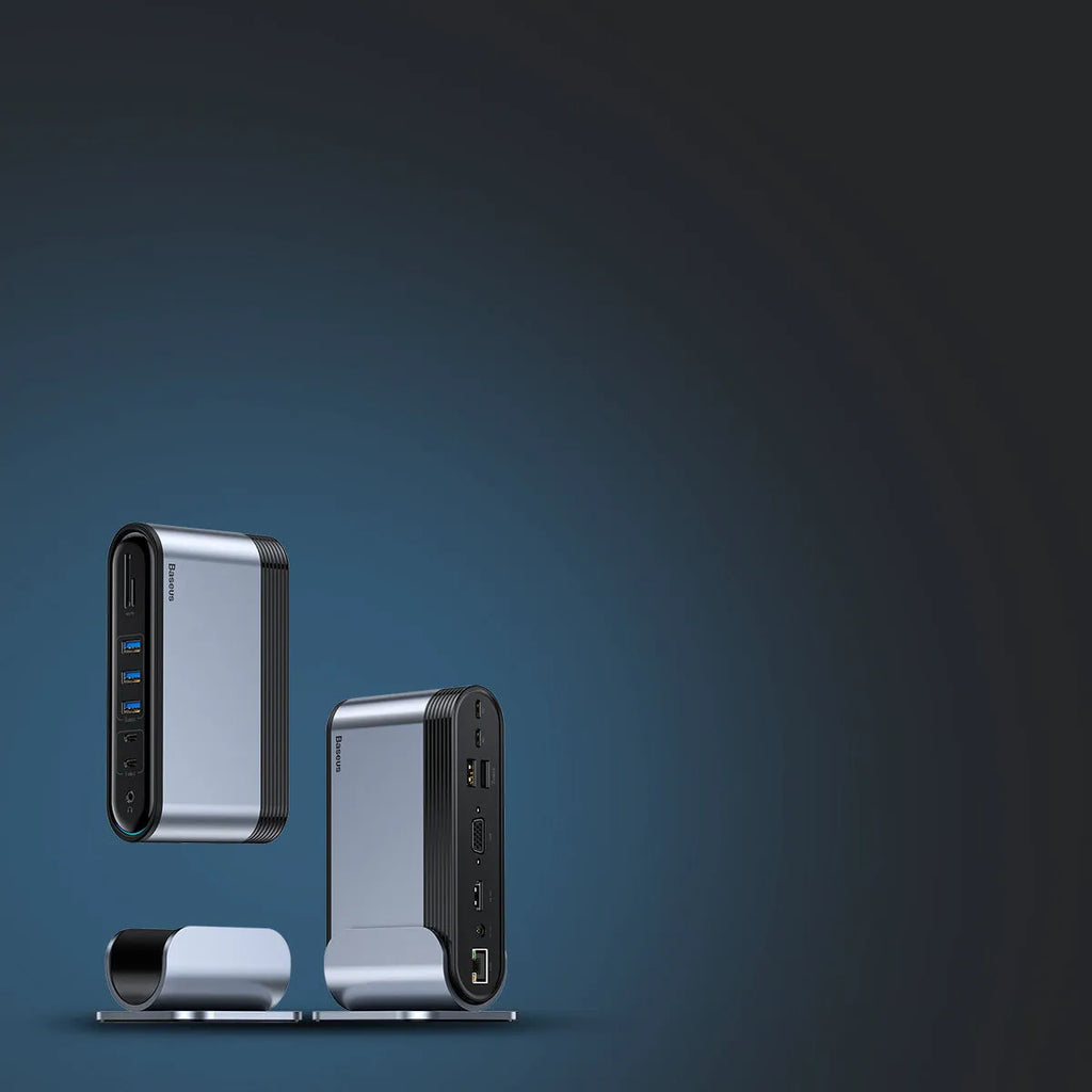 Deep space grey 16-in-1 Type-C docking station hub on a desk, showing multiple ports.