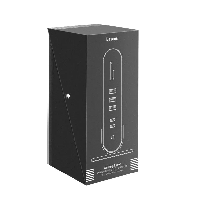 Deep space grey 16-in-1 Type-C docking station hub on a desk, showing multiple ports.