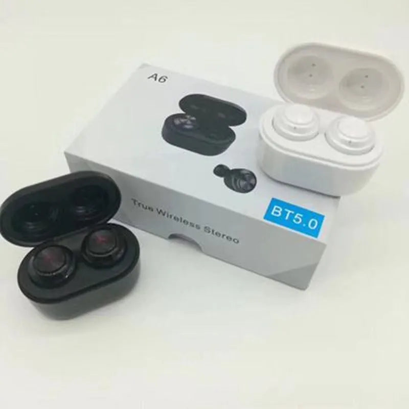 A6 black and white true wireless Bluetooth headphones with noise cancelling feature