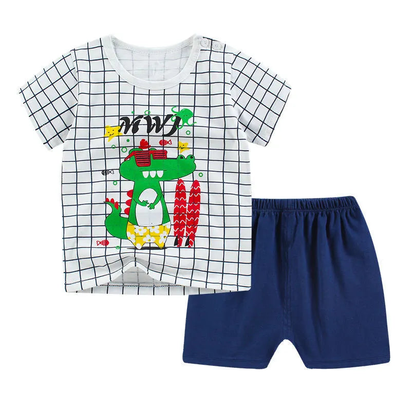 Cotton children's two-piece clothing set with t-shirt and shorts in cartoon designs