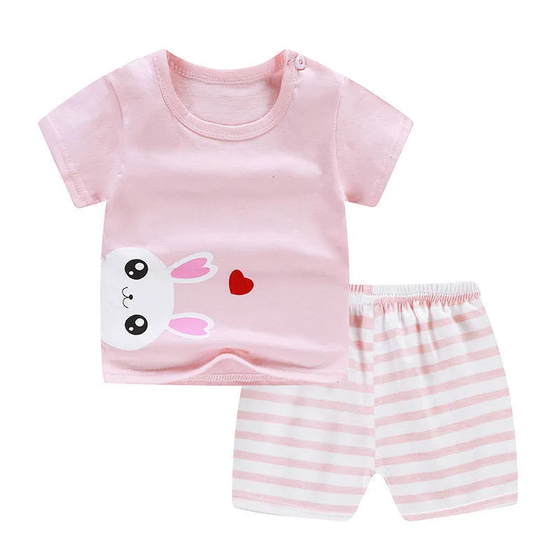 Cotton children's two-piece clothing set with t-shirt and shorts in cartoon designs