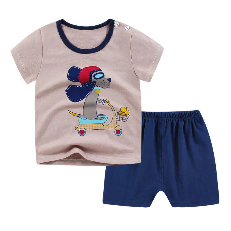 Cotton children's two-piece clothing set with t-shirt and shorts in cartoon designs