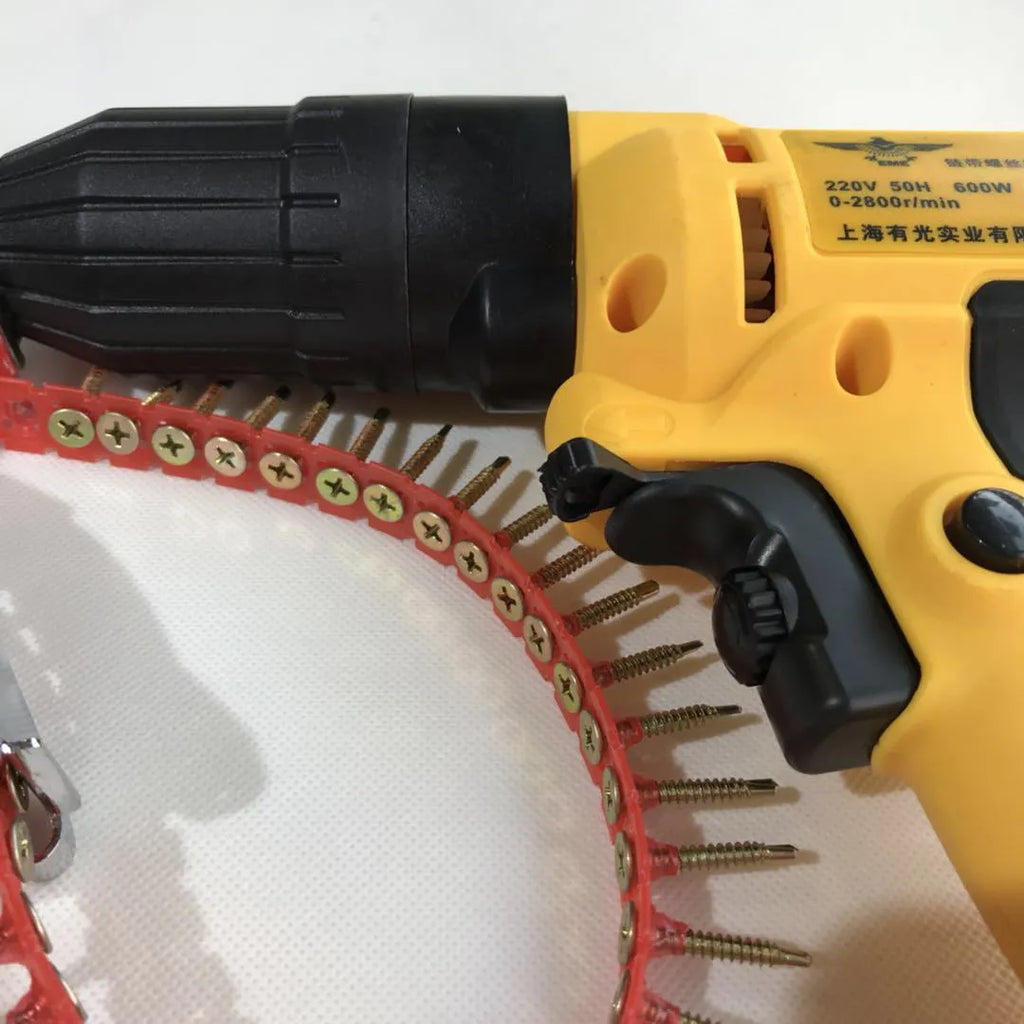 Yellow rechargeable automatic chain belt nail feeding electric screw machine with pistol grip handle