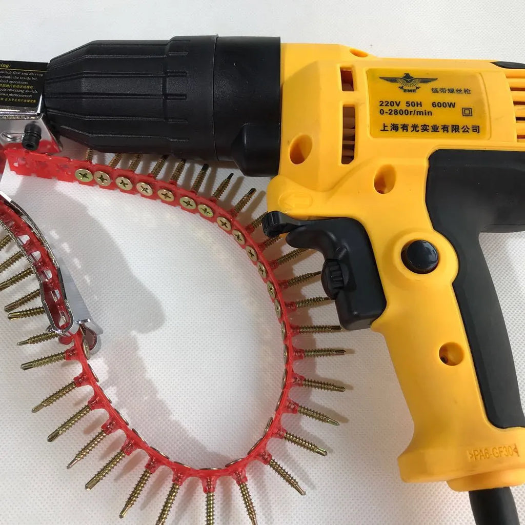 Yellow rechargeable automatic chain belt nail feeding electric screw machine with pistol grip handle