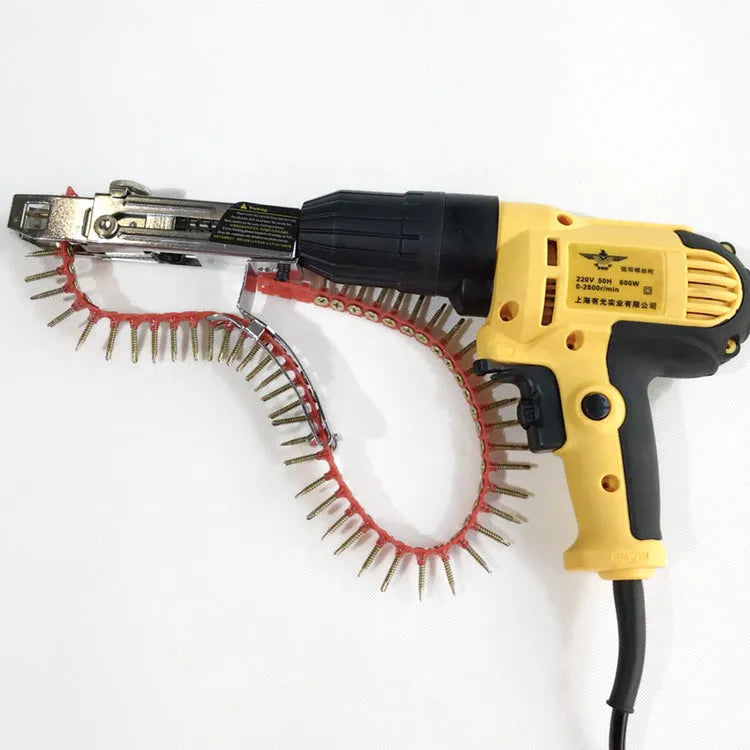 Yellow rechargeable automatic chain belt nail feeding electric screw machine with pistol grip handle