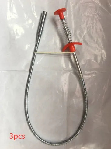 Flexible drain cleaning spring tool with gripped handle for removing hair from pipes