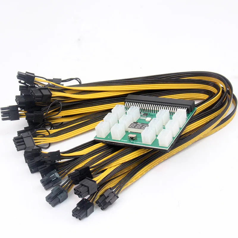 Server power conversion riser card with twelve 50 cm black 8-pin to 6-pin PCIe graphics card power cables.