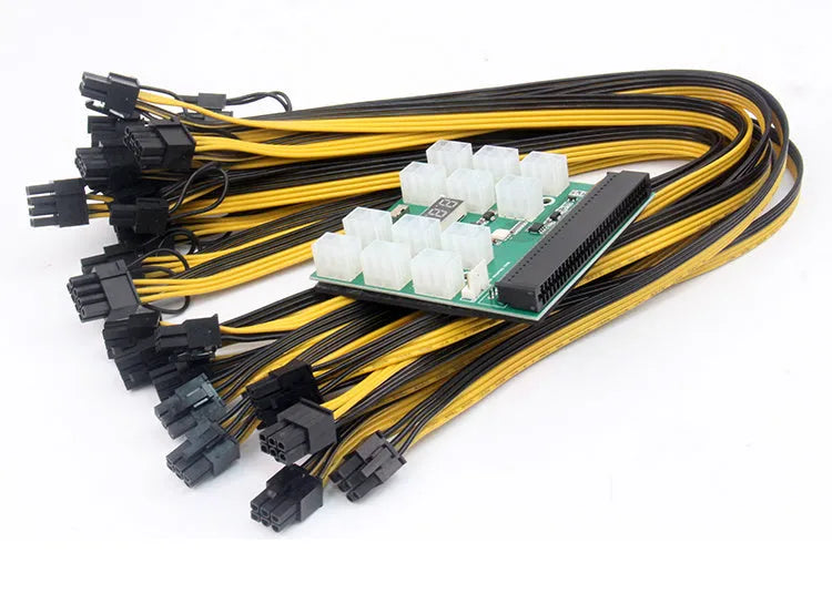 Server power conversion riser card with twelve 50 cm black 8-pin to 6-pin PCIe graphics card power cables.