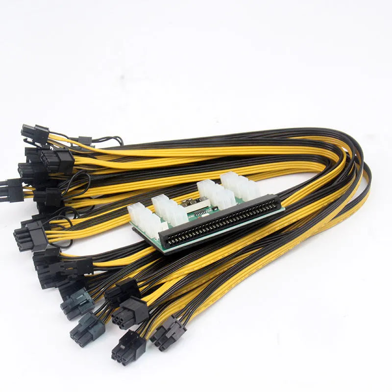Server power conversion riser card with twelve 50 cm black 8-pin to 6-pin PCIe graphics card power cables.