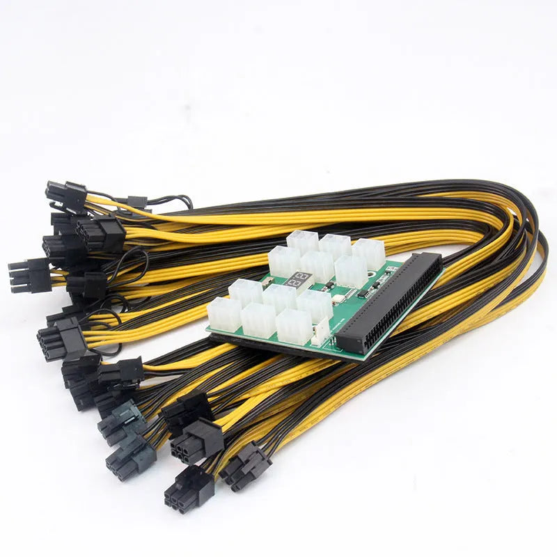 Server power conversion riser card with twelve 50 cm black 8-pin to 6-pin PCIe graphics card power cables.