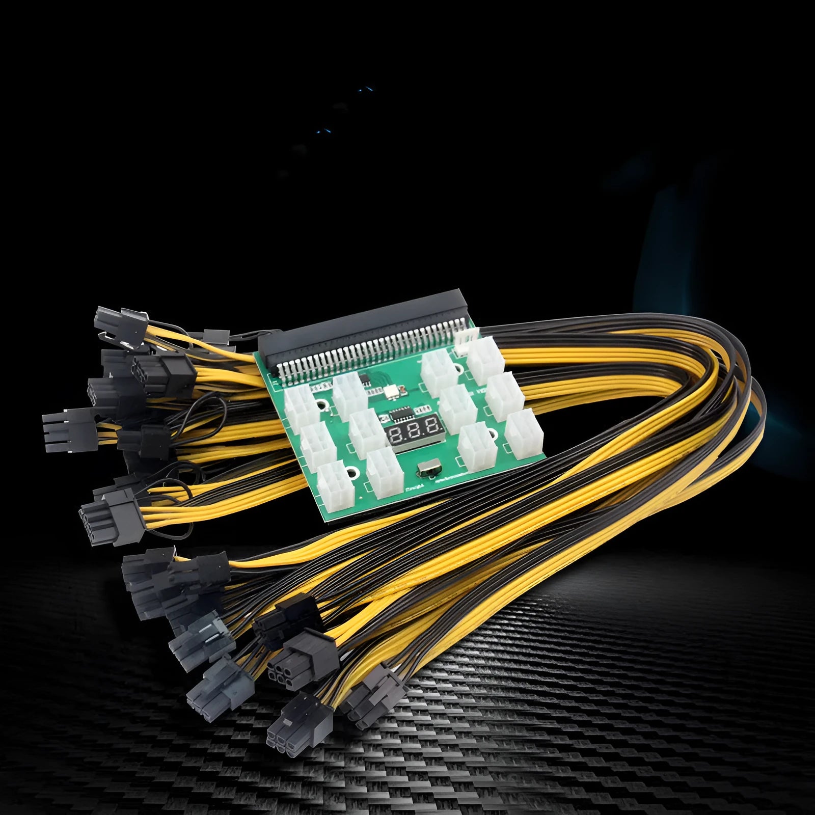 Server power conversion riser card with twelve 50 cm black 8-pin to 6-pin PCIe graphics card power cables.