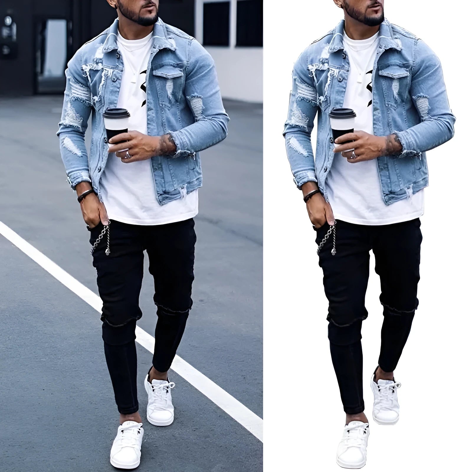 Men's light blue denim jacket with ripped and washed finish, lapel collar, hip hop style, front view
