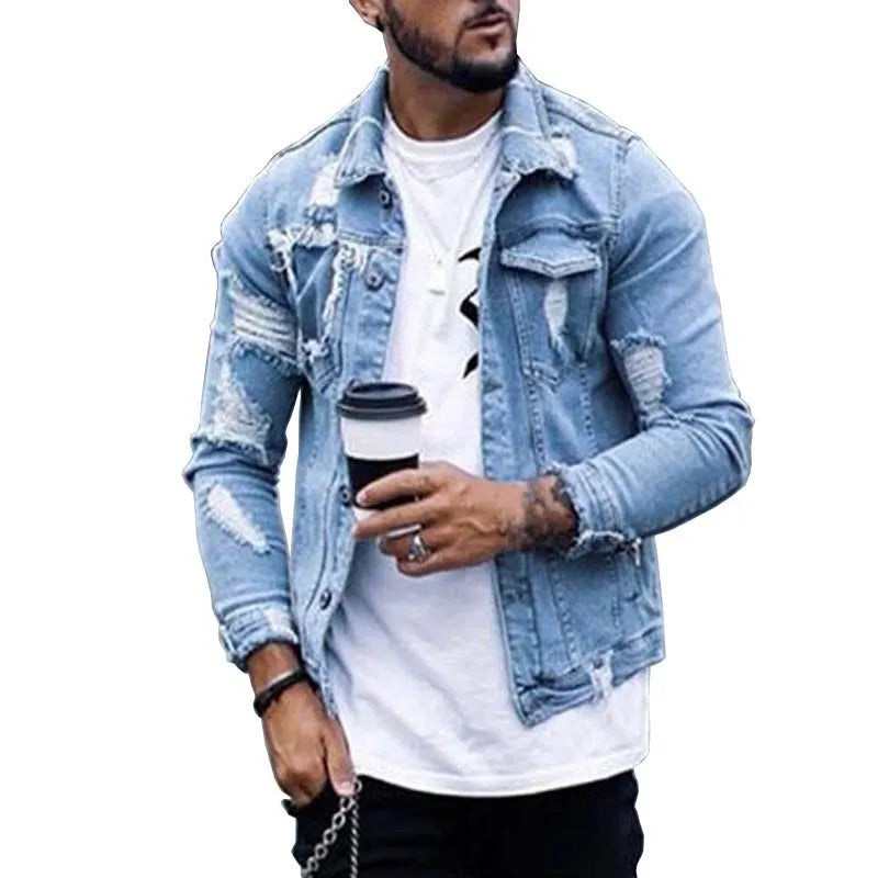 Men's light blue denim jacket with ripped and washed finish, lapel collar, hip hop style, front view