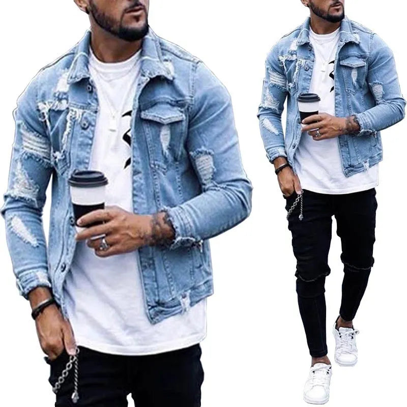 Men's light blue denim jacket with ripped and washed finish, lapel collar, hip hop style, front view